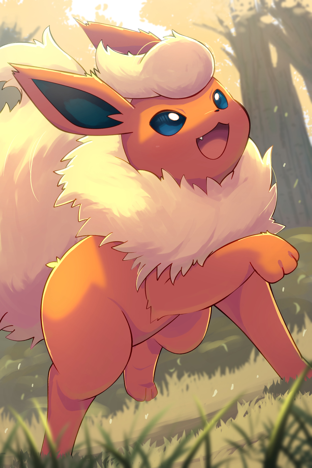 :d blue_eyes bright_pupils creatures_(company) day flareon forest full_body game_freak gen_1_pokemon grass highres nature nintendo no_humans open_mouth outdoors pokemon pokemon_(creature) pokemon_focus red_fur rumine_(yoshi1234567) running smile tree