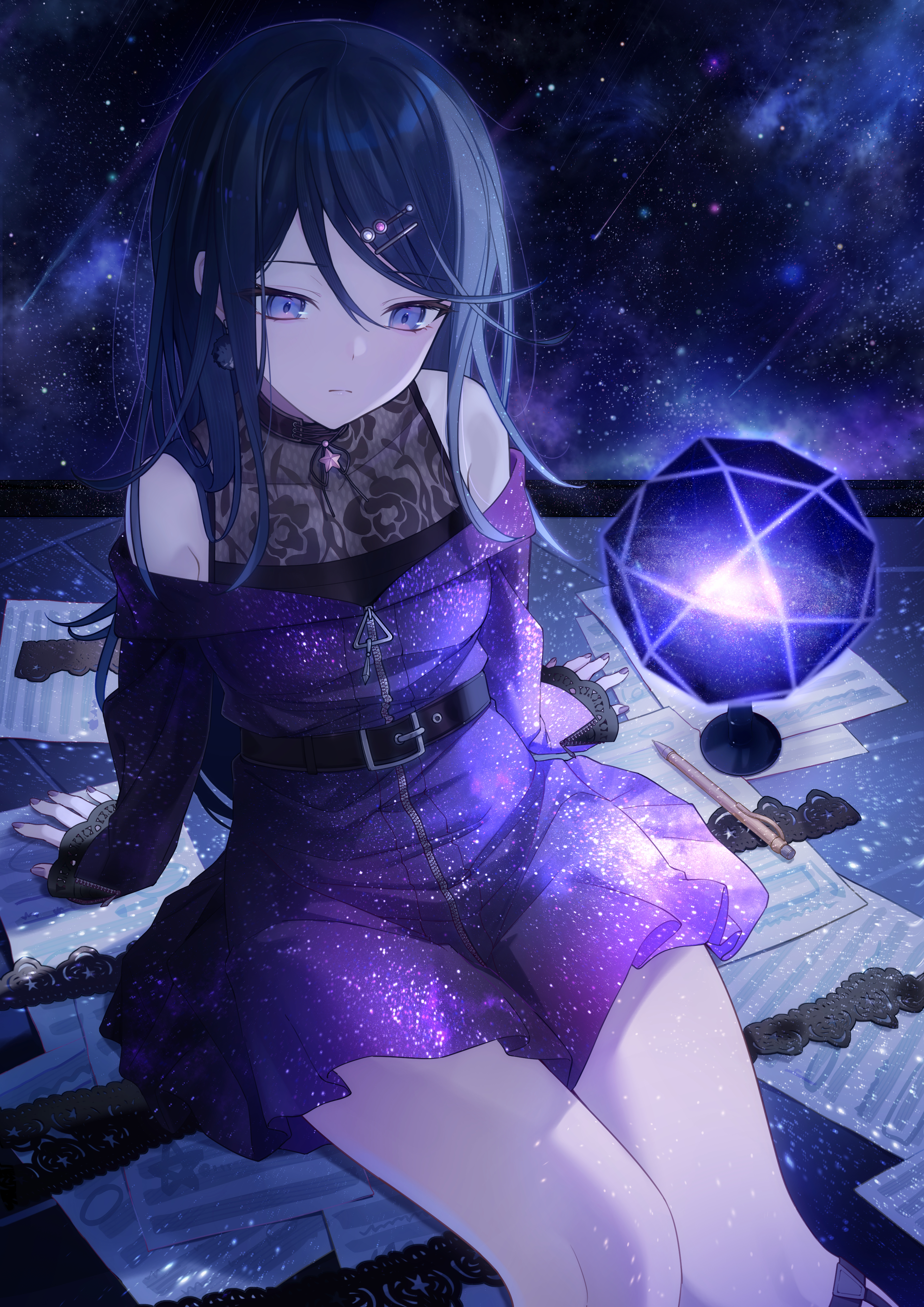 1girl absurdres bare_shoulders belt black_choker black_hair choker closed_mouth dress expressionless highres hoshino_ichika_(project_sekai) long_hair long_sleeves looking_at_viewer looking_back off-shoulder_dress off_shoulder project_sekai purple_dress purple_eyes sitting sky solo star_(sky) starry_sky starry_sky_print swept_bangs thighs timmoo undershirt