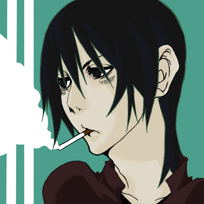 androgynous ayame_hashinimasen bad_id bad_pixiv_id black_hair cigarette gender_request pale_skin short_hair smoking solo torako_(yotsubato!) yotsubato!