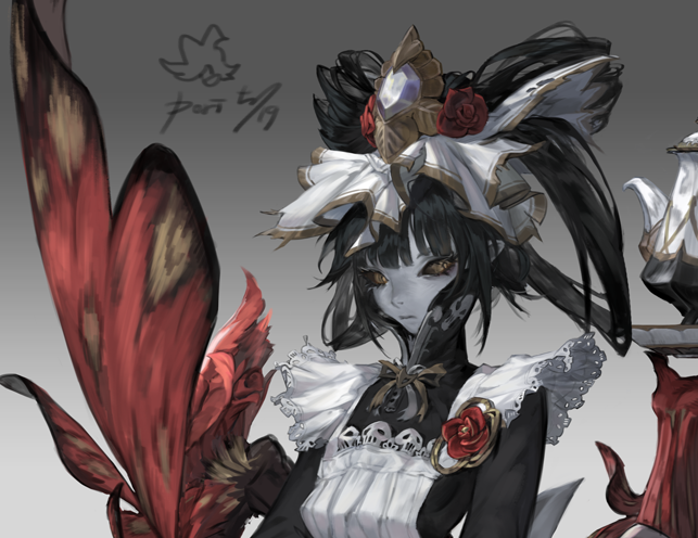 1girl aepori apron black_eyes black_hair colored_skin grey_background grey_skin long_hair looking_at_viewer maid_apron maid_headdress orange_pupils original puffy_short_sleeves puffy_sleeves short_sleeves upper_body white_apron