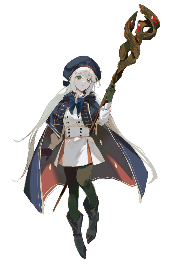 1girl aesc_(fate) black_gloves blue_eyes fate/grand_order fate_(series) gloves hair_between_eyes hat long_hair smile solo ss_un17 staff white_hair