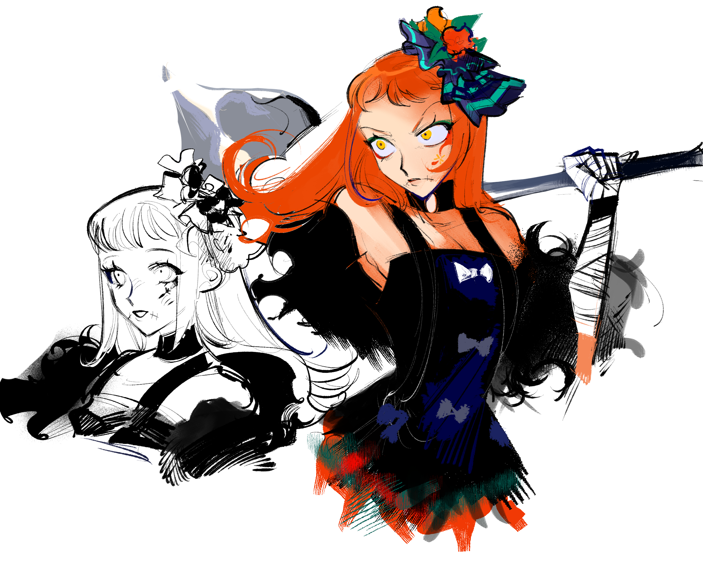 1girl aqua_eyeshadow axe bandaged_arm bandaged_hand bandages eyeshadow facial_mark fire_emblem fire_emblem_engage fur_sleeves highres holding holding_axe makeup mochako_(motyako_1005) nintendo orange_hair panette_(fire_emblem) short_bangs stitched_mouth stitches yellow_eyes