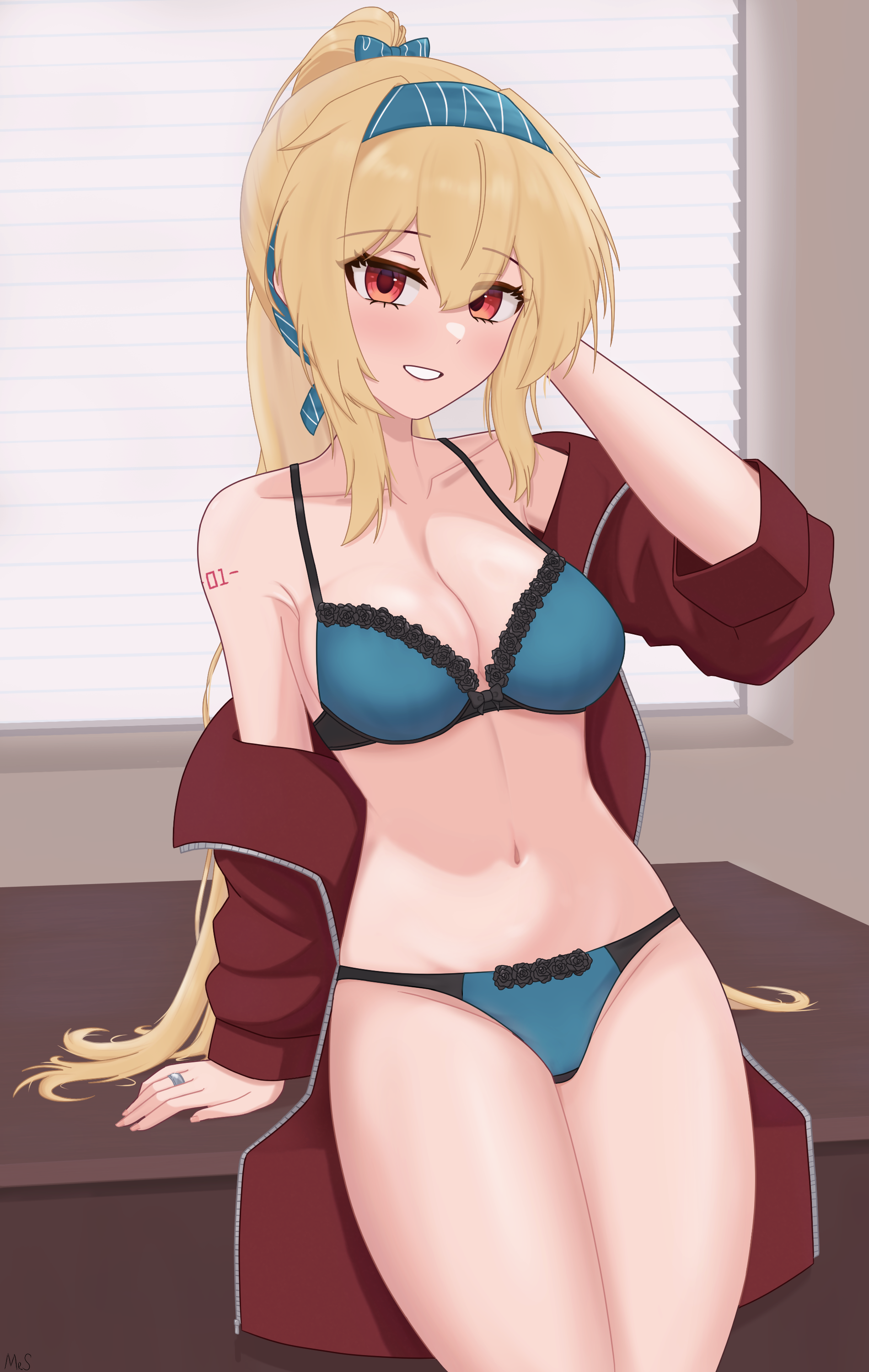 1girl absurdres arm_support arm_tattoo blue_bow blue_bra blue_hairband blue_panties bow bra breasts cleavage collarbone commentary cowboy_shot english_commentary girls'_frontline hair_between_eyes hair_bow hairband hand_up highres indoors jacket jewelry lace lace-trimmed_bra lace-trimmed_panties lace_trim looking_at_viewer mr.something navel number_tattoo off_shoulder open_clothes open_jacket orange_eyes panties parted_lips ponytail red_jacket ring smile solo stomach sv-98_(girls'_frontline) table tattoo underwear wedding_ring window