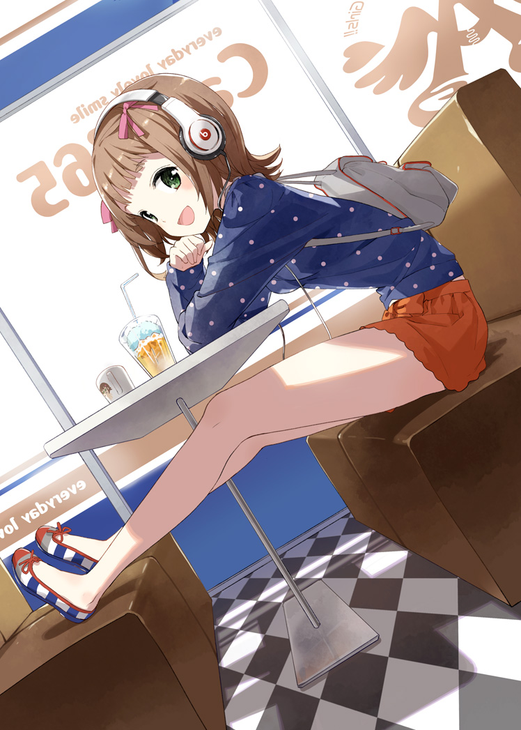 1girl :d amami_haruka backpack bag bare_legs beats_by_dr._dre brown_hair cup drinking_straw feet_on_chair female_focus flats green_eyes hair_ribbon headphones idolmaster idolmaster_(classic) leaning_forward legs looking_at_viewer no_socks open_mouth polka_dot ribbon short_hair short_shorts shorts sitting smile solo tiv