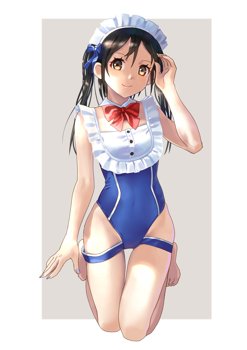 1girl barefoot black_hair blue_one-piece_swimsuit bow bowtie brown_eyes commentary_request detached_collar frilled_one-piece_swimsuit frills full_body highres katahira_masashi kneeling long_hair maid_headdress one-piece_swimsuit original red_bow red_bowtie solo swimsuit twintails
