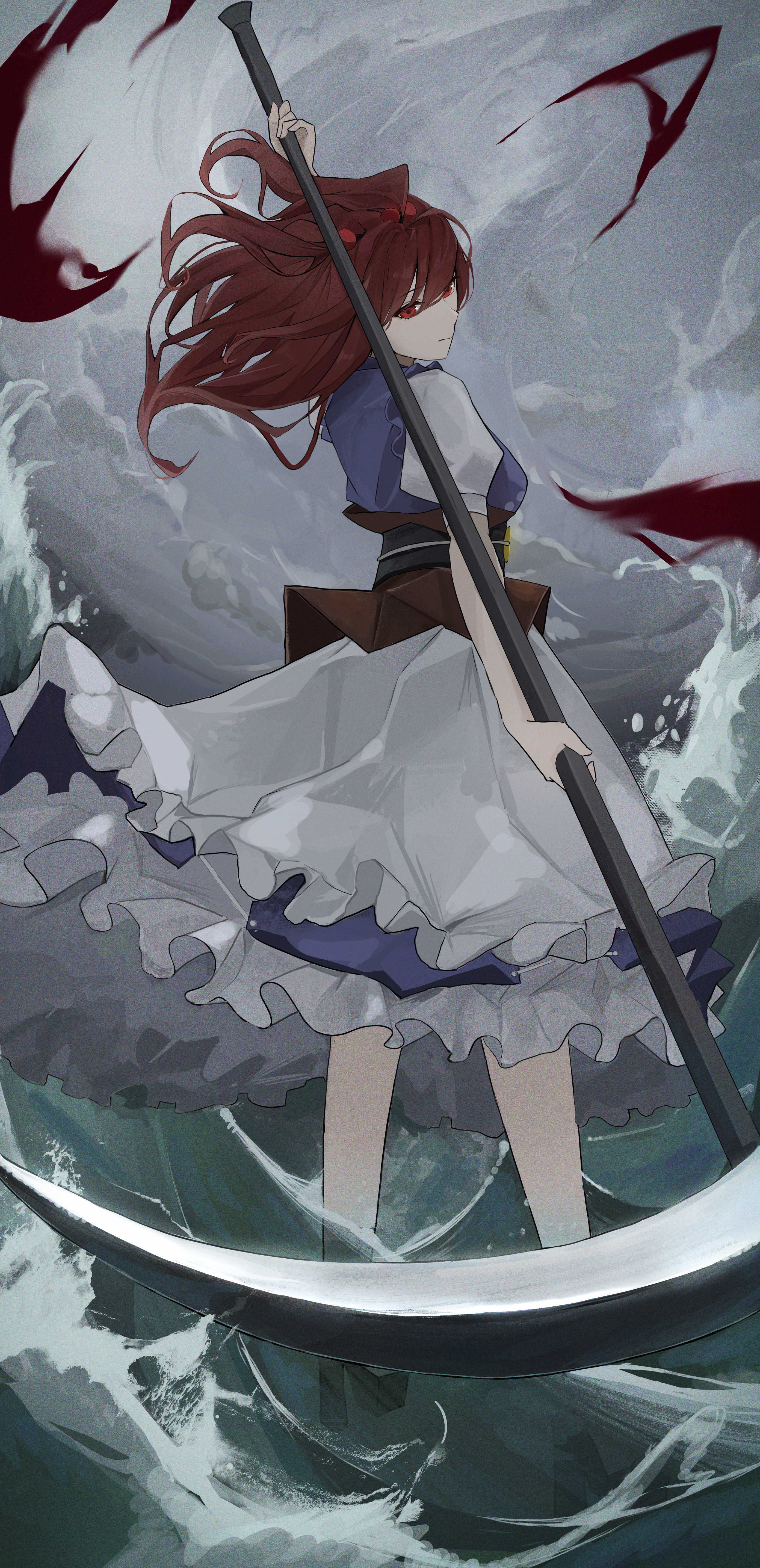 1girl absurdres black_sash blue_dress brown_sash closed_mouth coin coin_on_string dress hair_bobbles hair_ornament highres holding holding_scythe medium_hair onozuka_komachi palulap puffy_short_sleeves puffy_sleeves red_eyes red_hair sash scythe short_sleeves solo touhou two_side_up water