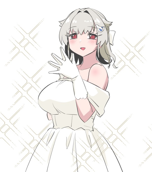 1girl alternate_costume alternate_hairstyle breasts dress gloves grey_hair hair_ribbon jingei_(kancolle) kantai_collection large_breasts medium_breasts off-shoulder_dress off_shoulder red_eyes ribbon solo sparkle steepled_fingers tamu_(mad_works) white_background white_dress white_gloves