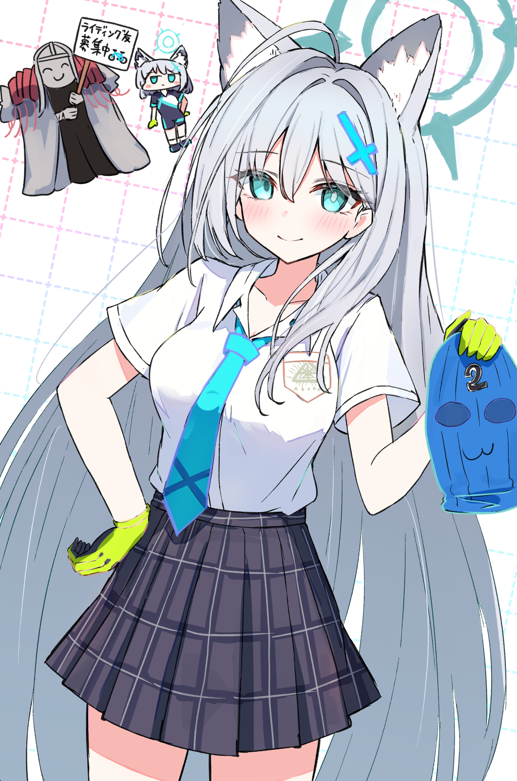 1other 2girls animal_ear_fluff animal_ears aqua_eyes aqua_necktie balaclava blue_archive blue_halo blush breasts chibi closed_mouth collarbone collared_shirt cosplay cowboy_shot cowlick cross_hair_ornament dutch_angle extra_ears grey_hair hair_ornament halo hand_on_own_hip highres holding holding_mask long_hair looking_at_viewer mask mismatched_pupils multiple_girls necktie phrenapates_(blue_archive) plaid_clothes plaid_skirt pleated_skirt sateto_(user_knrf2332) shiroko_(blue_archive) shiroko_(blue_archive)_(cosplay) shiroko_(cycling)_(blue_archive) shiroko_terror_(blue_archive) shirt shirt_tucked_in short_sleeves skirt smile two-tone_gloves very_long_hair wolf_ears
