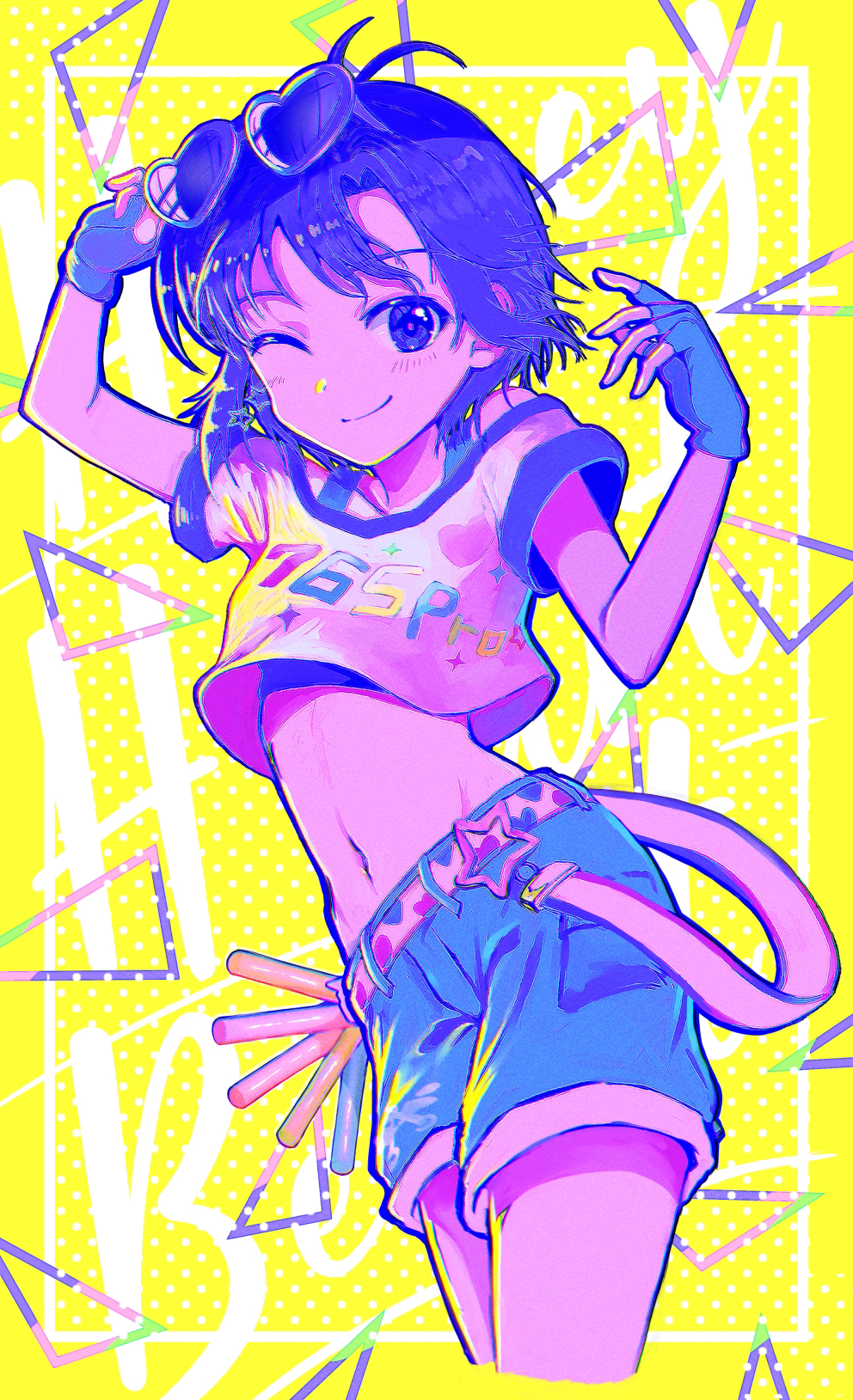 1girl antenna_hair belt black_hair blue_shorts closed_mouth crop_top cropped_legs eyewear_on_head fingerless_gloves gloves hands_up heart heart-shaped_eyewear highres idolmaster idolmaster_(classic) idolmaster_2 kikuchi_makoto lightstick looking_at_viewer midriff miyagi navel one_eye_closed shirt short_hair short_sleeves shorts smile solo street_hopper_(idolmaster) sunglasses white_shirt yellow_background