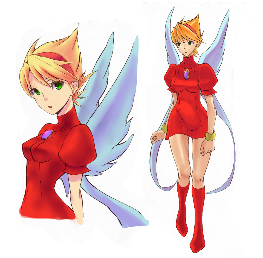 1girl angel_wings blonde_hair boots bracelet breasts breath_of_fire breath_of_fire_iii brooch commentary_request dress green_eyes groin hairband jewelry knee_boots looking_at_viewer multiple_views nina_(breath_of_fire_iii) nyantiu open_mouth puffy_sleeves short_hair simple_background skin_tight white_background white_wings wings