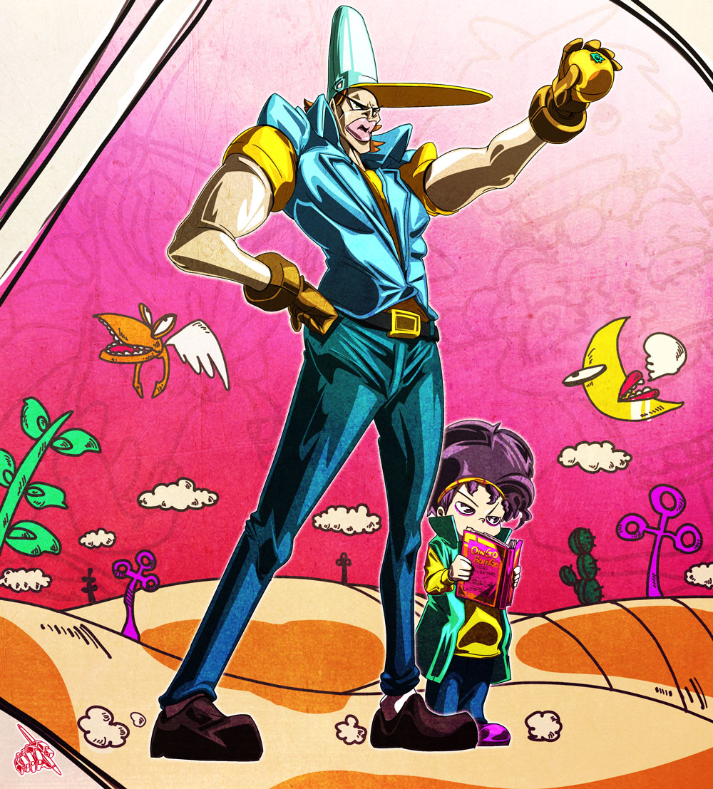 2boys boingo book brothers food fruit gloves hat height_difference jojo_no_kimyou_na_bouken male_focus multiple_boys oingo orange_(fruit) siblings stand_(jojo) thoth_(stand) uc-lab