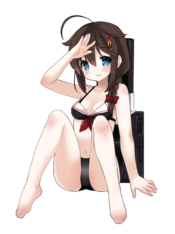 1girl ahoge barefoot bikini black_bikini black_hair blue_eyes braid breasts cannon front-tie_bikini_top front-tie_top hair_flaps hair_over_shoulder kantai_collection long_hair medium_breasts rikaon sailor_bikini sailor_collar shigure_(kancolle) shigure_kai_ni_(kancolle) shigure_kai_ni_(swimsuit)_(kancolle) simple_background single_braid sitting smile solo swimsuit white_background white_sailor_collar