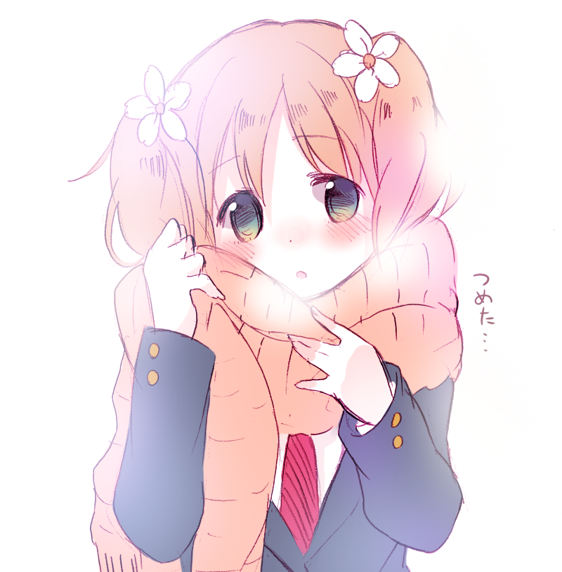 1girl black_eyes black_jacket blush breath brown_hair brown_scarf cold commentary_request dot_nose flower hair_flower hair_ornament jacket looking_at_viewer necktie open_mouth red_necktie sakura_trick scarf solo sonoda_yuu tarabagani translation_request twintails