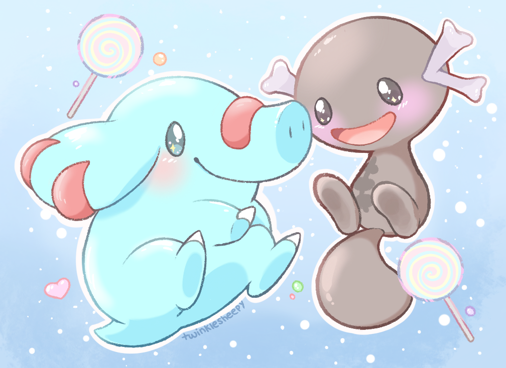 blue_background blush bright_pupils candy commentary english_commentary food full_body game_freak gen_2_pokemon heart janna_(sweepysheepy) lollipop nintendo no_humans nostrils open_mouth outline phanpy pokemon pokemon_(creature) signature sparkling_eyes swirl_lollipop white_outline white_pupils wooper