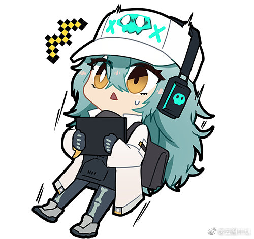 1girl :&lt; antonina_(neural_cloud) artist_request baseball_cap check_artist chibi chibi_only chinese_commentary full_body girls&#039;_frontline girls&#039;_frontline_neural_cloud green_hair hat headset jacket lowres madcore pantyhose second-party_source solo surprised watermark weibo_username weibo_watermark white_hat white_jacket yellow_eyes