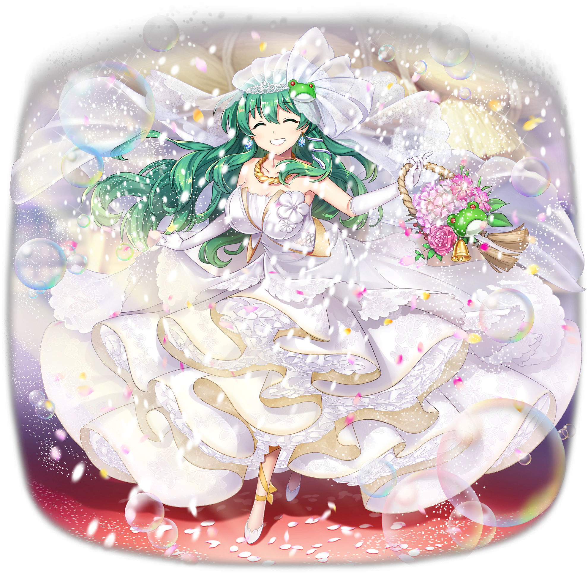 1girl alternate_costume basket bell breasts bridal_veil bubble cleavage closed_eyes collarbone dress dress_flower earrings facing_viewer flower flower_basket flower_request frilled_dress frills frog frog_hair_ornament full_body game_cg gloves green_hair grin hair_ornament happy highres holding holding_basket jewelry kochiya_sanae kochiya_sanae_(the_white_miracle_that_brings_good_luck) large_breasts long_hair necklace official_art petals pink_flower rotte_(1109) see-through_clothes see-through_veil shoes skirt_hold smile snake_hair_ornament solo strapless strapless_dress third-party_source touhou touhou_lostword transparent_background veil very_long_hair wedding_dress white_dress white_flower white_gloves white_shoes white_veil