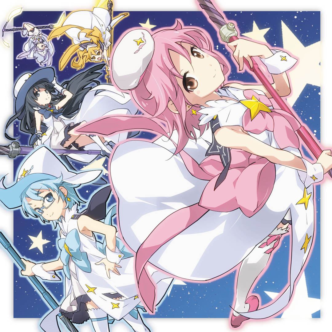 5girls aoi_(houkago_no_pleiades) black_hair blonde_hair blue_eyes brown_eyes dress earrings glasses hat hikaru_(houkago_no_pleiades) houkago_no_pleiades itsuki_(houkago_no_pleiades) jewelry long_hair multiple_girls nanako_(houkago_no_pleiades) nyuusankin outside_border pink_hair purple_hair short_hair star_(symbol) subaru_(houkago_no_pleiades) thighhighs twintails white_dress white_legwear