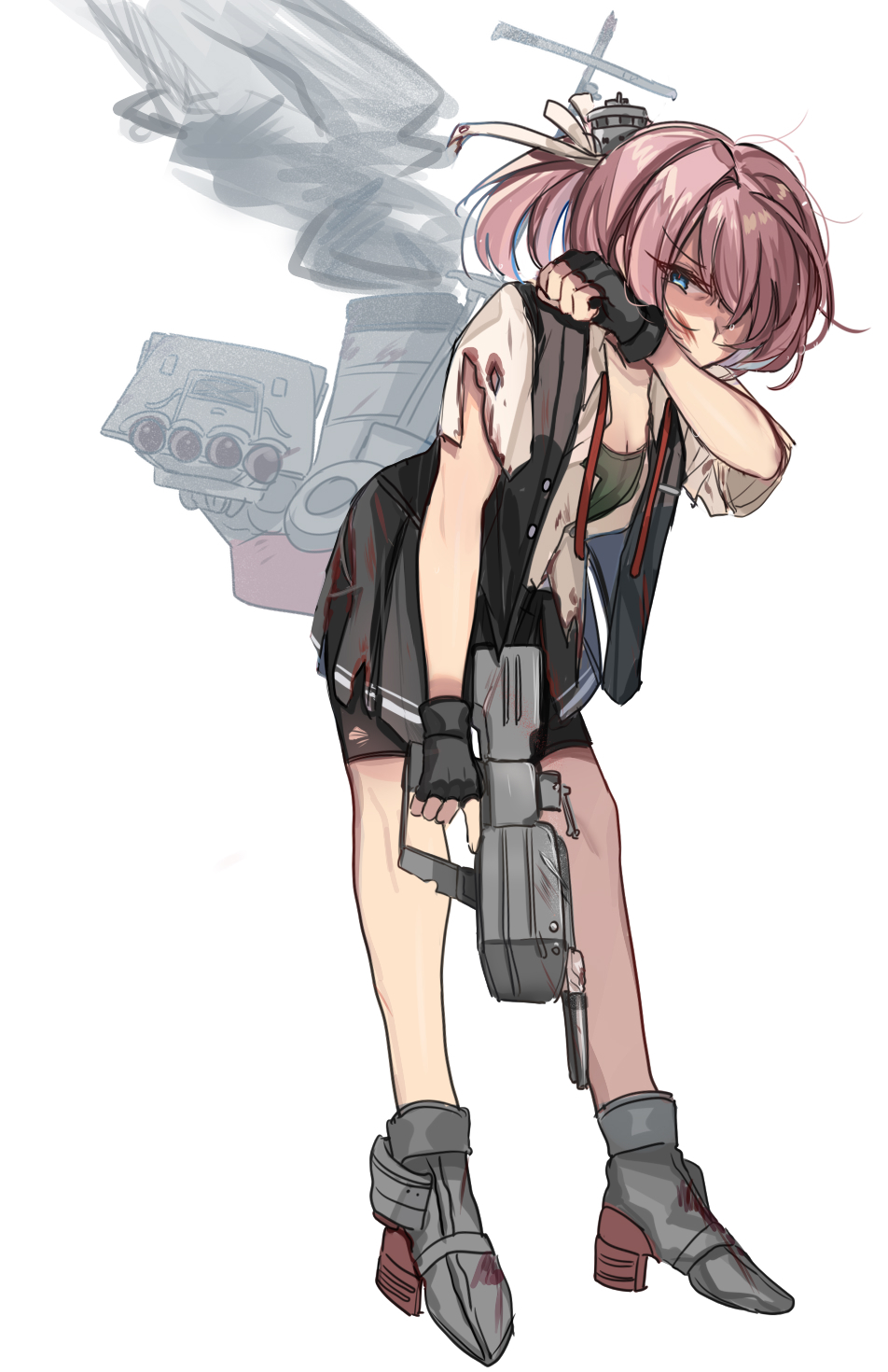 1girl adapted_turret bike_shorts black_gloves black_skirt black_vest breasts burnt_clothes collared_shirt commentary_request dress_shirt finger_to_mouth gloves highres kantai_collection kaomoji_(sagor00237) leaning_forward machinery open_clothes pink_hair ponytail shiranui_(kancolle) shiranui_kai_ni_(kancolle) shirt shorts shorts_under_skirt simple_background skirt small_breasts solo vest wasp white_background white_shirt wiping_face