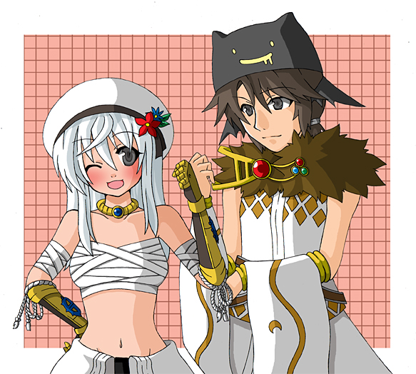 1boy 1girl argyle_clothes argyle_shirt bandages black_gloves black_hat blue_flower breasts brown_eyes brown_hair chest_sarashi closed_mouth clothes_around_waist commentary_request detached_sleeves deviruchi_hat fist_bump flower fur_collar gauntlets gloves grey_eyes grid_background hat hat_flower hat_ornament leaf_hat_ornament looking_at_viewer medium_breasts monou0135 navel one_eye_closed open_mouth pink_background ragnarok_online red_flower sarashi shirt shirt_around_waist smile sorcerer_(ragnarok_online) sura_(ragnarok_online) tam_(ragnarok_online) upper_body white_background white_hair white_hat white_shirt white_sleeves