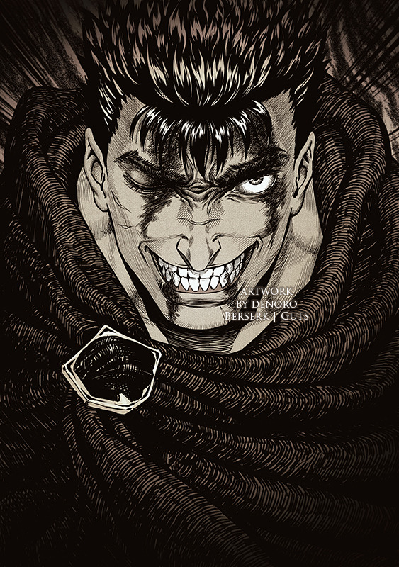 1boy artist_name berserk character_name clenched_teeth cloak copyright_name denoro eyelashes facial_scar furrowed_brow greyscale guts_(berserk) injury looking_at_viewer male_focus mature_male monochrome scar scar_on_cheek scar_on_face scar_on_nose short_hair solo teeth