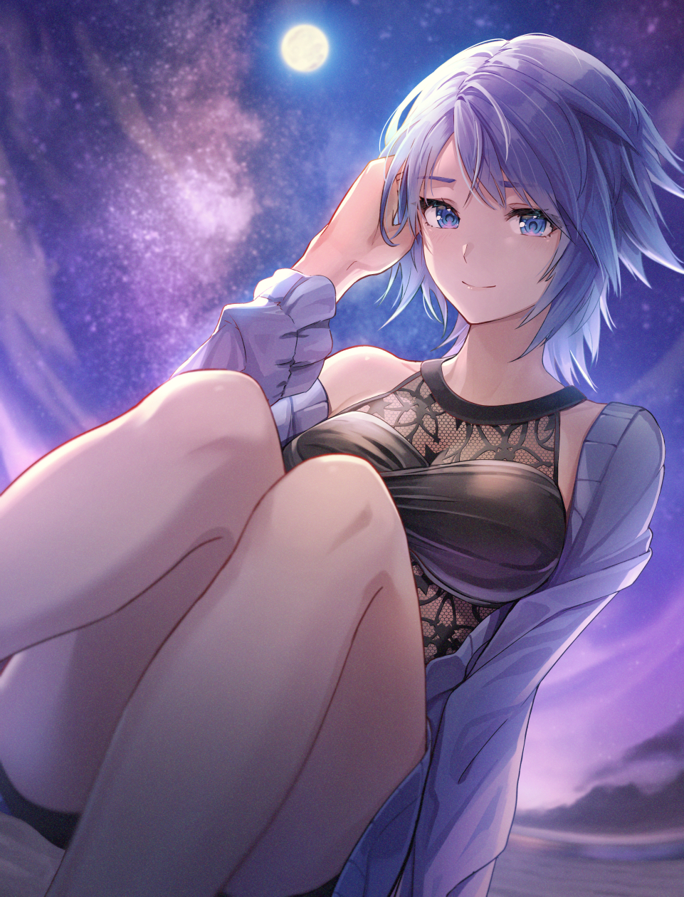 1girl adjusting_hair aqua_(kingdom_hearts) beach black_one-piece_swimsuit blue_eyes blue_hair cardigan gogo_(detteiu_de) highres kingdom_hearts kingdom_hearts_birth_by_sleep moon night night_sky one-piece_swimsuit short_hair sitting sky smile solo swimsuit swimsuit_cover-up