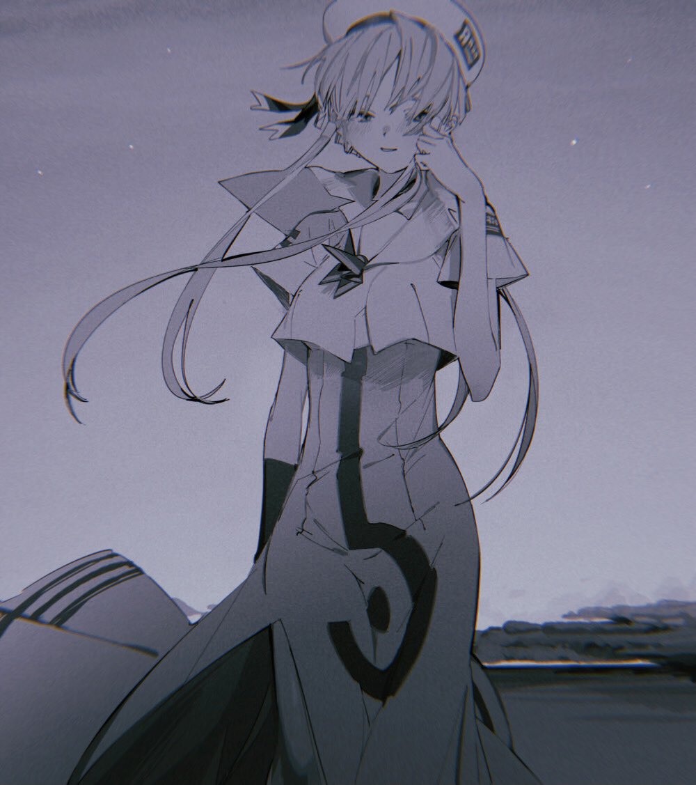 1girl aria_(manga) aria_company_uniform bad_id bad_twitter_id beret dress feet_out_of_frame hair_tubes hand_up hat inactive_account long_dress long_hair looking_at_viewer mizunashi_akari night outdoors sailor_collar sidelocks sky solo standing star_(sky) starry_sky suiso_(owp)