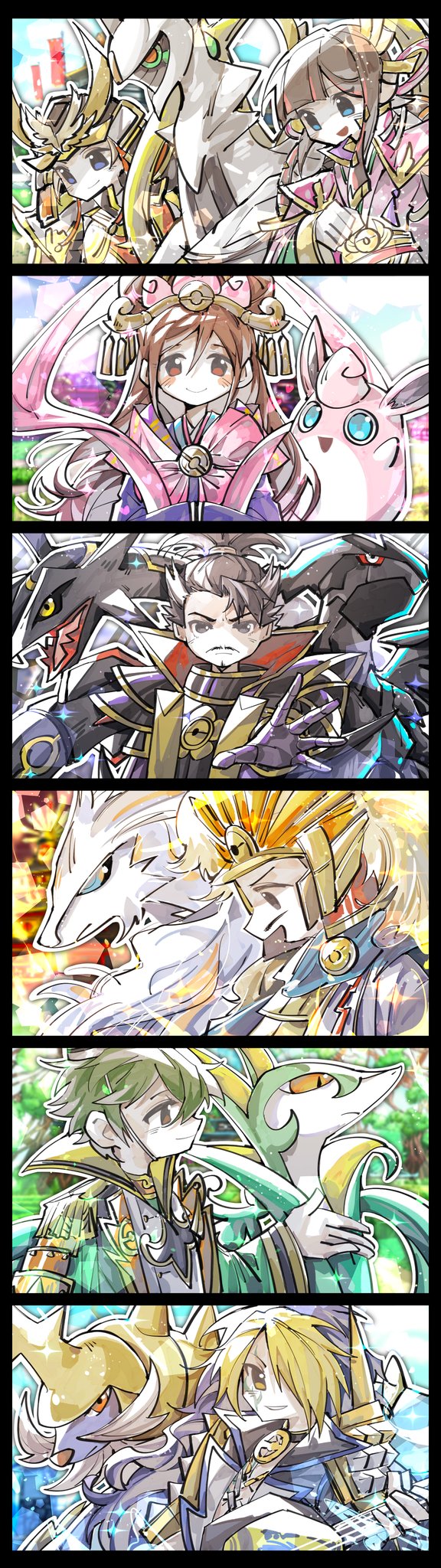 alternate_color arceus armor black_eyes black_hair blue_eyes brown_eyes brown_hair chosokabe_motochika gen_1_pokemon gen_3_pokemon gen_4_pokemon gen_5_pokemon green_hair hero_(pokemon_conquest) heroine_(pokemon_conquest) highres japanese_clothes legendary_pokemon mouri_motonari multicolored_hair mythical_pokemon nintendo oda_nobunaga oichi oichi_(pokemon_conquest) panels pokemon pokemon_conquest rayquaza red_eyes red_hair reshiram samurott sengoku_musou serperior shiny_pokemon toyotomi_hideyoshi two-tone_hair wigglytuff yellow_eyes zekrom