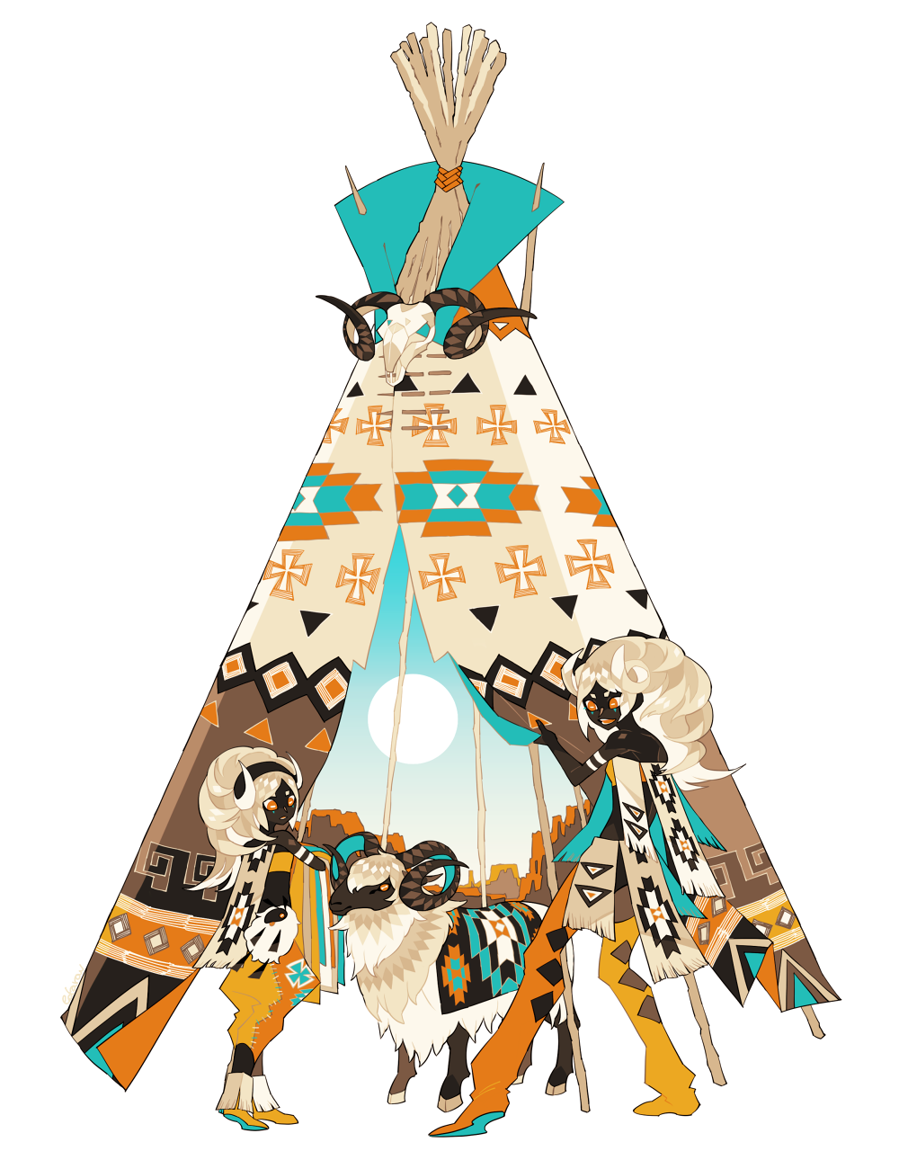 2girls animal baggy_pants blonde_hair canyon chaps dark-skinned_female dark_skin edarow fake_horns full_body hair_horns highres horizontal_pupils horned_headwear horns long_hair multiple_girls native_american orange_eyes original pants sheep sheep_girl sheep_horns simple_background standing teepee very_dark_skin white_background