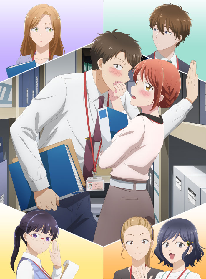 2boys 5girls :d adjusting_eyewear anime_coloring belt binder black_hair blonde_hair blue_eyes blue_pants blue_vest blunt_bangs blush brown_eyes brown_hair brown_jacket brown_necktie collarbone collared_shirt covering_another&#039;s_mouth embarrassed glasses green_eyes grey_skirt hair_ornament hair_pulled_back hairpin hayakawa_shizuno holding holding_binder holding_notepad id_card indoors jacket key_visual kono_kaisha_ni_suki_na_hito_ga_imasu lanyard leaning_forward long_hair long_sleeves looking_at_another looking_at_viewer looking_to_the_side mitsuya_yui morizono_maria multiple_boys multiple_girls necktie notepad office_lady official_art open_mouth pants parted_bangs parted_lips ponytail promotional_art purple_eyes rectangular_eyewear red_eyes red_hair rimless_eyewear sakura_yukiko shelf shirt shirt_tucked_in short_hair sideways_glance skirt smile somei_keisuke standing storage_room suit_jacket tateishi_masugu textless_version utou_chiharu very_short_hair vest white_belt white_shirt