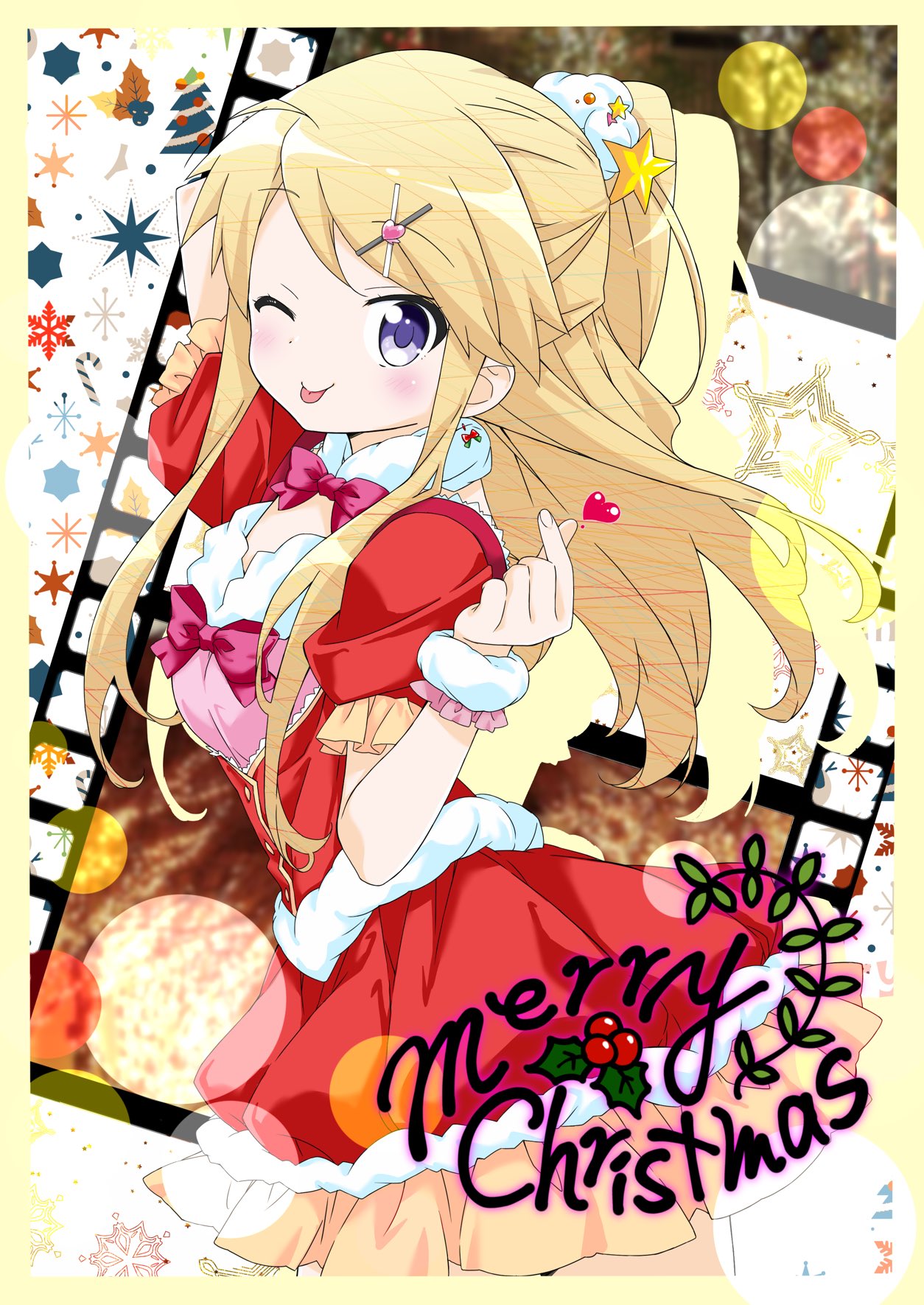 1girl abstract_background arm_up blonde_hair blurry bokeh border bow braid breasts buttons christmas commentary contrapposto cowboy_shot crown_braid depth_of_field dress drop_shadow english_text film_reel finger_heart floating_hair grey_eyes hair_ornament hairclip hand_up hara_yui_(style) heart highres kin-iro_mosaic koseki_masaru kujou_karen light_blush long_hair looking_at_viewer medium_breasts merry_christmas mistletoe official_art one_eye_closed pink_bow purple_eyes red_dress red_theme santa_costume scrunchie sidelocks small_breasts snow solo star_(symbol) tongue tongue_out tsurime very_long_hair white_scrunchie x_hair_ornament yellow_border yellow_theme