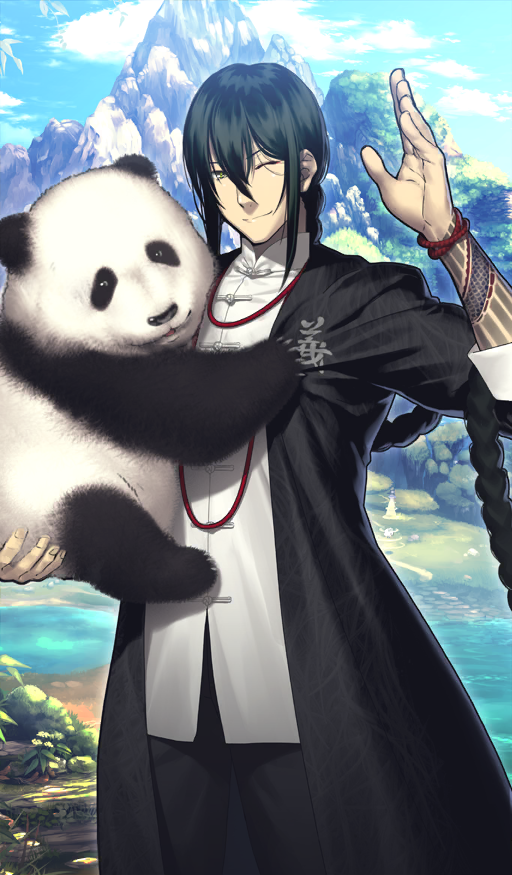 1boy animal arm_tattoo black_coat black_hair black_pants blue_sky bracelet braid chinese_clothes cloud coat commentary cowboy_shot day fate/grand_order fate_(series) green_eyes hair_between_eyes hand_up holding holding_animal jewelry long_hair looking_at_viewer male_focus mandarin_collar mountain nature necklace official_art one_eye_closed outdoors panda pants shima_udon shirt sidelocks single_braid sky smile solo standing sunlight tangzhuang tattoo third-party_source very_long_hair water white_shirt yan_qing_(fate) yan_qing_(traveling_outfit)_(fate)
