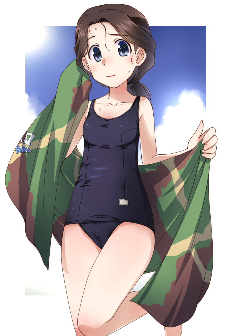 1girl black_eyes black_hair black_one-piece_swimsuit blue_sky border breasts camouflage chi-hatan_(emblem) closed_mouth cloud cloudy_sky commentary_request day drying emblem girls_und_panzer hair_tie hamada_kiyo holding holding_towel leg_up looking_at_viewer low_ponytail medium_hair old_school_swimsuit one-piece_swimsuit osamada_meika outdoors outside_border partial_commentary ponytail school_swimsuit sky small_breasts smile solo standing standing_on_one_leg swimsuit towel wet white_border
