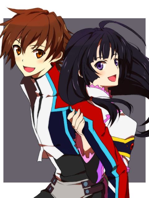 1boy 1girl black_hair blush bodysuit breasts brown_eyes brown_hair frills grey_background jacket kohaku_hearts long_hair open_mouth pants purple_eyes kor_meteor short_hair tales_of_(series) tales_of_hearts