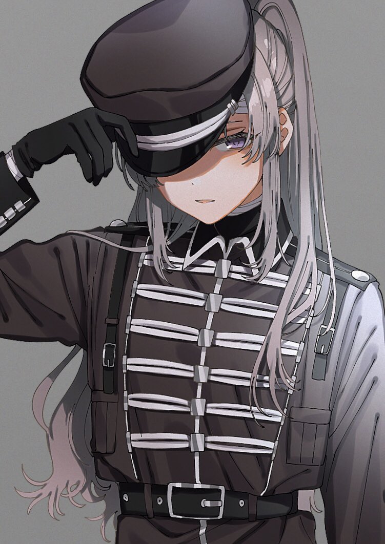 1girl adjusting_clothes adjusting_headwear bandage_on_face bandages belt black_belt black_gloves dot_nose gloves grey_background grey_hair grey_jacket hat holding holding_unworn_clothes holding_unworn_hat idolmaster idolmaster_shiny_colors iwawa jacket long_hair long_sleeves looking_at_viewer military_uniform parted_lips purple_eyes sidelocks simple_background solo twintails unworn_hat unworn_headwear upper_body yukoku_kiriko