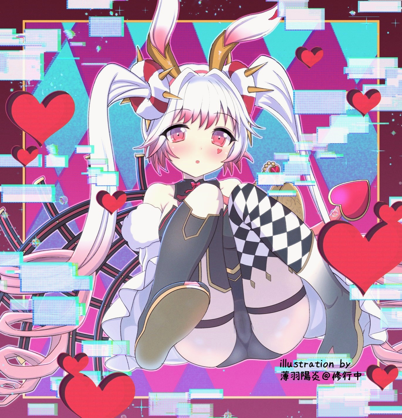 1girl animal_ears ass asymmetrical_legwear black_leotard blush checkered_background checkered_clothes checkered_legwear collarbone double_bun duel_monster hair_bun hairband heart highres leotard looking_at_viewer maliss_<p>_white_rabbit open_mouth pink_eyes rabbit_ears rabbit_girl solo spiked_hairband spikes thigh_strap twintails twitter_username usuba_kagerou_(shougyouchu) white_hair yu-gi-oh!