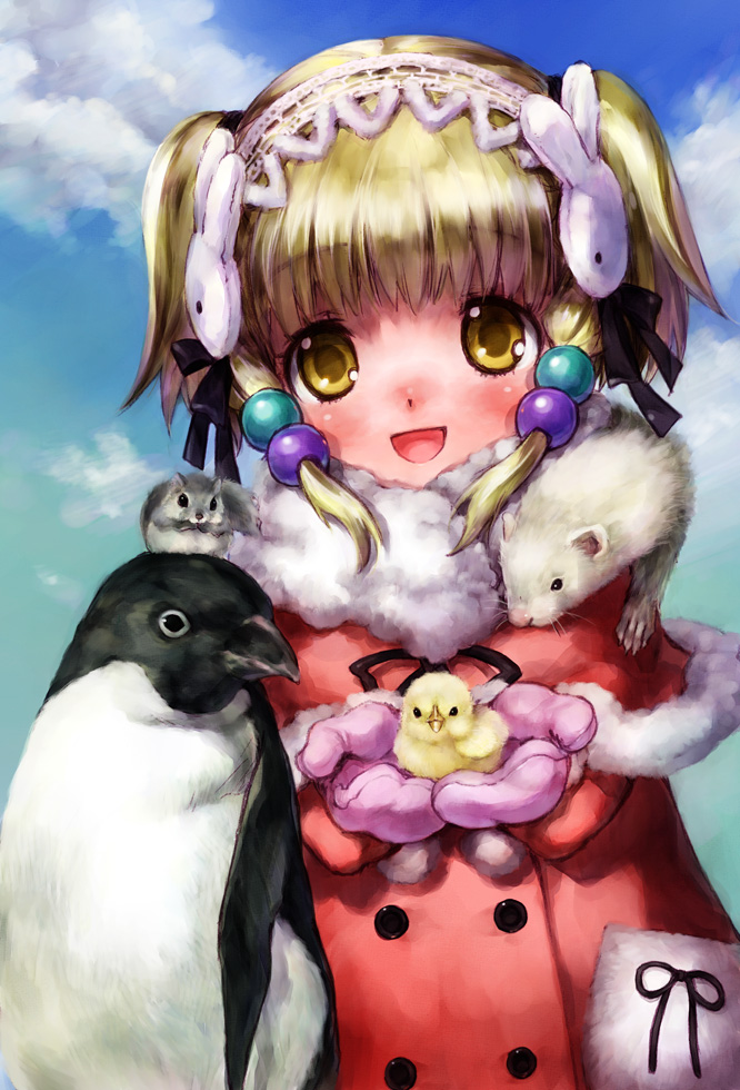 1girl :d animal banpresto bird bird_on_hand blonde_hair blush chick coat cupping_hands female_focus hair_ornament hairband holding irui_guneden looking_at_viewer mittens nakamura_kanko open_mouth own_hands_together penguin rabbit_hair_ornament smile solo super_robot_wars twintails yellow_eyes