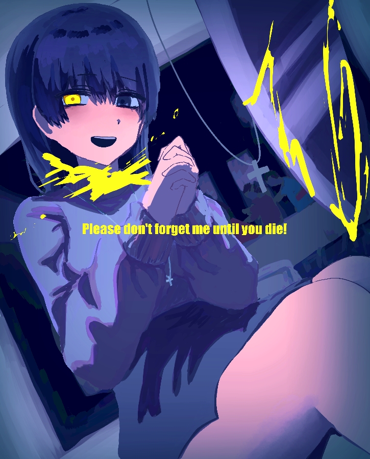 1girl blood bloody_knife blue_eyes blue_hair blue_skirt blue_sweater blush cross cross_necklace dutch_angle fine_art_parody hands_up heterochromia iyowa_girls jewelry knife koroshitekure looking_at_viewer makiri_(iyowa) mercy_killing_(vocaloid) necklace open_mouth own_hands_clasped own_hands_together painting_(object) parody sitting skirt smile solo sweater the_last_supper yellow_blood yellow_eyes