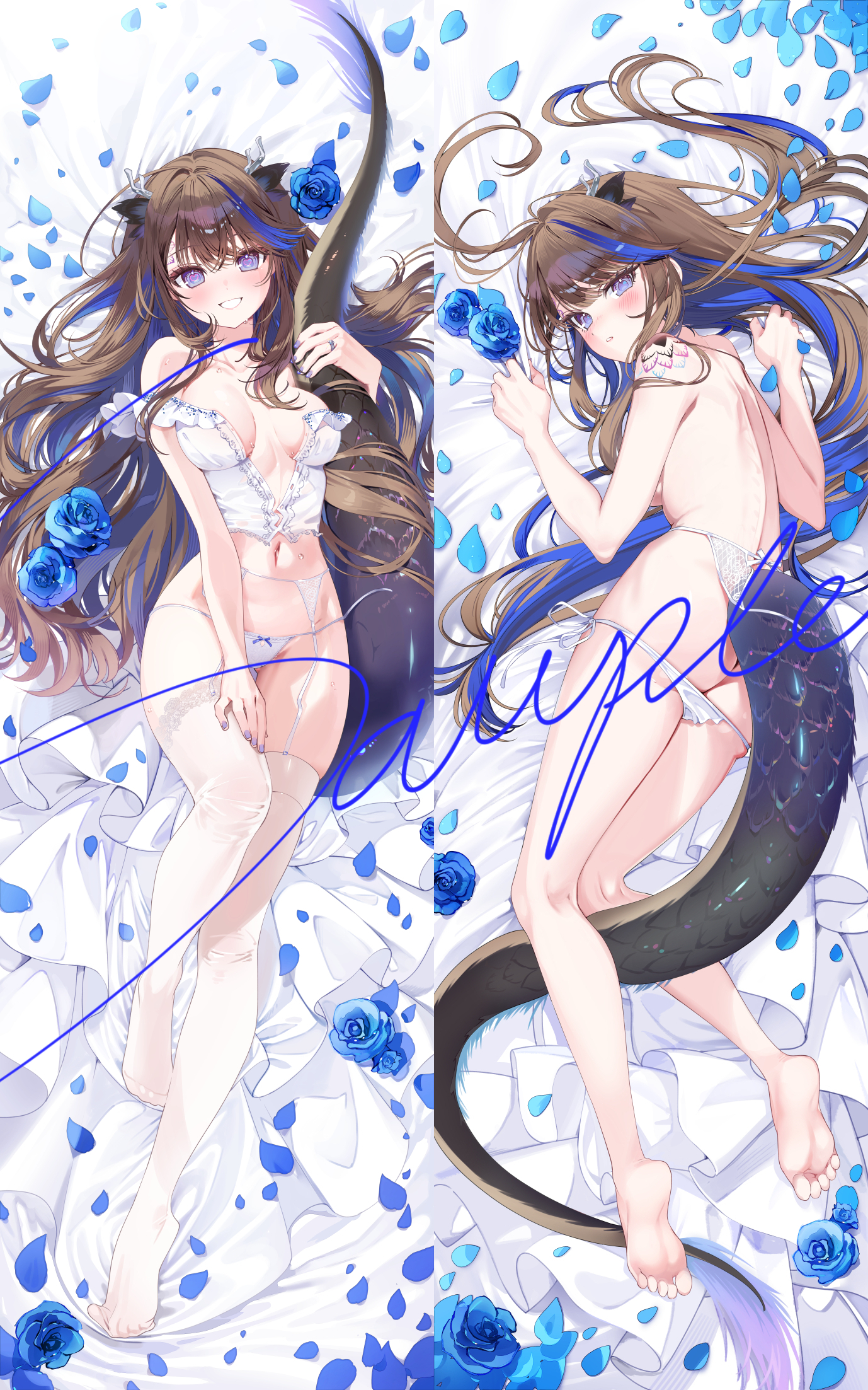 1girl a20_(atsumaru) airi_kanna blue_flower blue_hair blue_rose brown_hair closed_mouth dakimakura_(medium) dragon_girl dragon_horns dragon_tail dress dress_flower flower garter_straps hands_up highres horns hugging_own_tail hugging_tail long_hair looking_at_viewer lying multicolored_hair on_back on_side rose sample_watermark short_sleeves smile stellive streaked_hair tail thighhighs variant_set virtual_youtuber watermark white_dress white_thighhighs