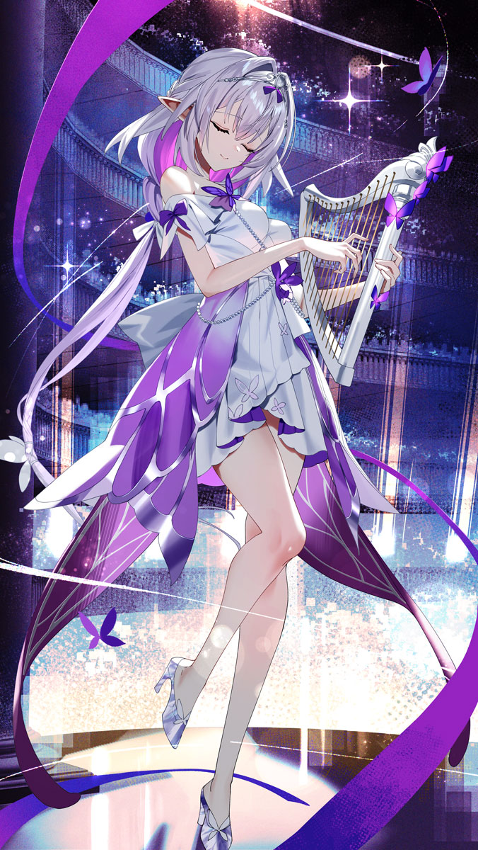 1girl bow breasts castorice_(honkai:_star_rail) castorice_(star_rail_live_2025)_(honkai:_star_rail) closed_eyes closed_mouth dress full_body grey_hair hair_bow high_heels highres holding_harp honkai:_star_rail honkai_(series) long_hair multicolored_hair official_alternate_costume pointy_ears purple_dress purple_hair scottie_(phantom2) shoes smile solo stage_lights standing two-tone_dress white_dress white_shoes