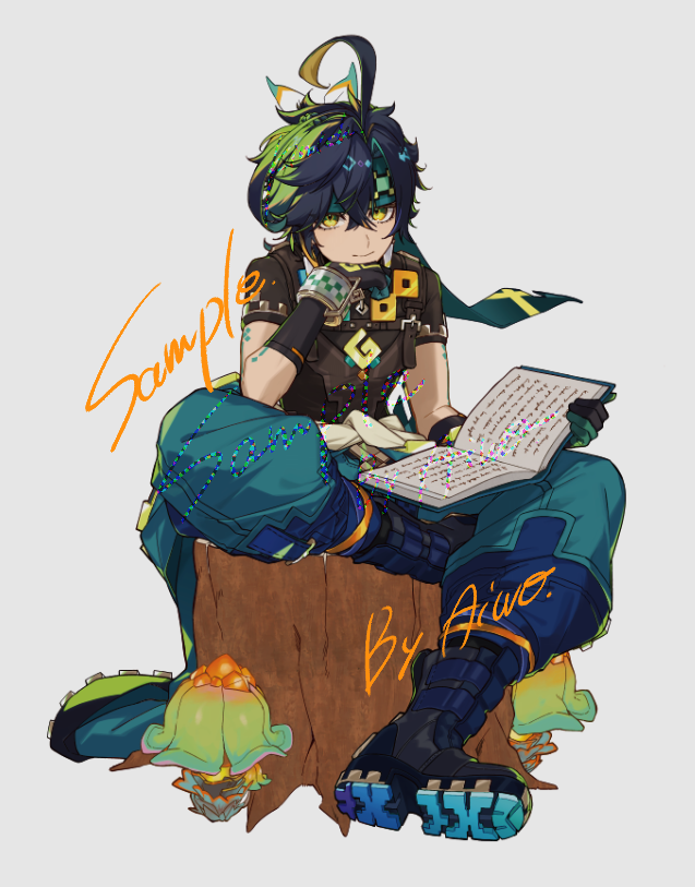 1boy ahoge aiwo_o_lite black_hair book boots genshin_impact gloves green_eyes green_hair hair_between_eyes holding holding_book kinich_(genshin_impact) looking_at_viewer male_focus multicolored_hair pants short_sleeves sitting on_tree_stump smile solo white_background