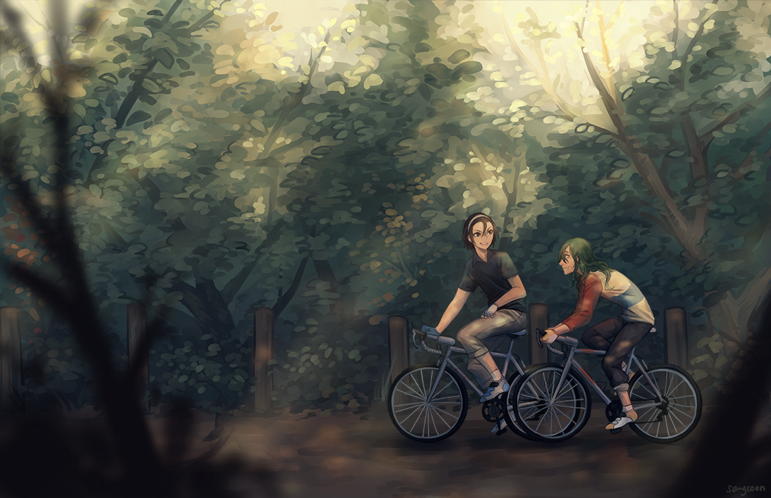 2boys artist_name bicycle branch brown_hair fingerless_gloves forest gloves green_hair hairband makishima_yuusuke male_focus multiple_boys nature sangcoon signature slice_of_life sunlight toudou_jinpachi tree yowamushi_pedal