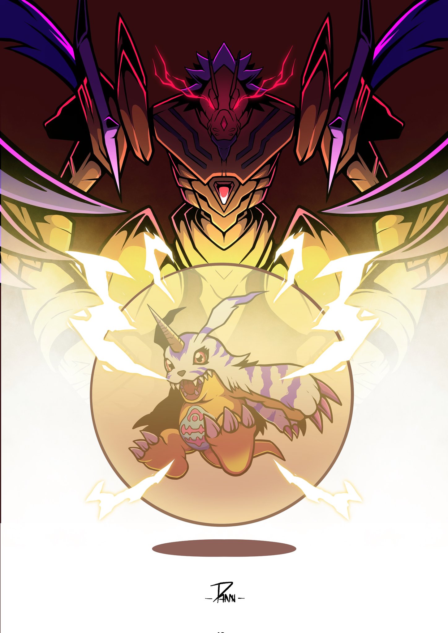 armor blue_fur cresgarurumon danzart_24 digimon digimon_(creature) digimon_adventure:_(2020) evolutionary_line gabumon glowing glowing_eyes gold_armor highres horns lizard red_eyes sharp_teeth shoulder_spikes single_horn spikes standing teeth wolf