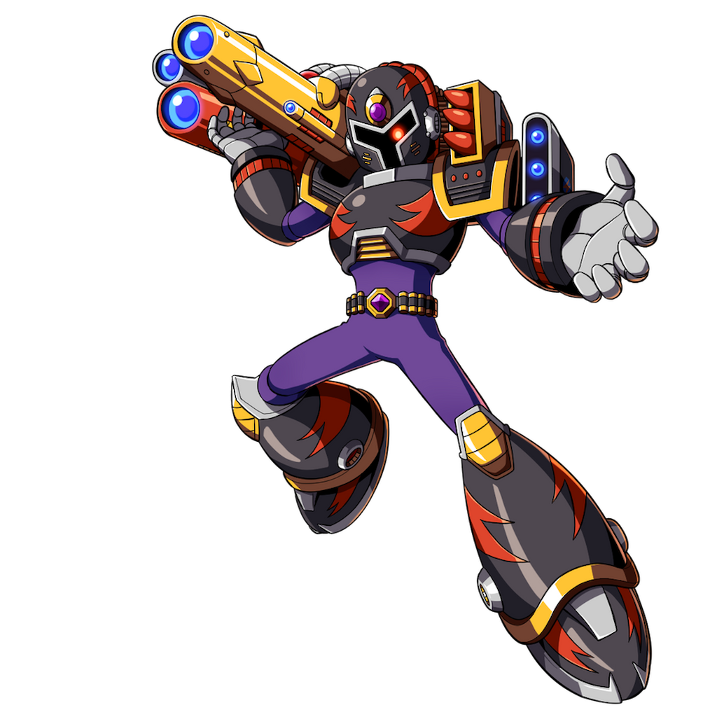 1boy android armor artist_request belt black_armor black_belt black_boots bodysuit boots full_body gloves grey_gloves helmet looking_at_viewer male_focus mega_man_(series) mega_man_x_(series) purple_bodysuit red-eye_effect red_eyes rocket simple_background solo vile_(mega_man)