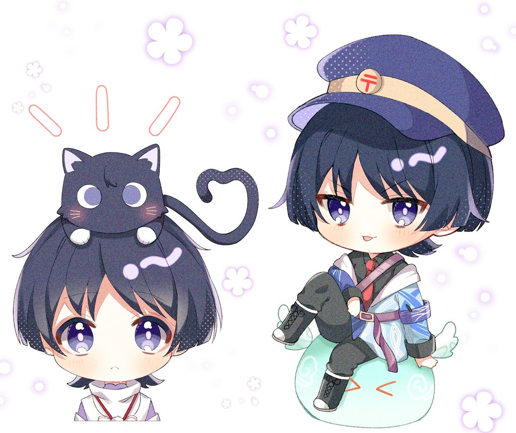 2boys alternate_costume anemo_slime_(genshin_impact) animal animal_on_head arm_at_side bag belt belt_buckle black_footwear black_hair black_pants black_shirt black_undershirt blue_robe blunt_ends boots bright_pupils buckle cat cat_on_head chibi collared_shirt cross-laced_footwear eyeliner eyeshadow full_body genshin_impact hat japanese_clothes kariginu kimono layered_clothes layered_kimono layered_sleeves light_blush looking_at_viewer makeup moco_(moco_8854) multiple_boys necktie off_shoulder on_head pants peaked_cap purple_belt purple_eyes purple_hat purple_kimono purple_sleeves red_eyeliner red_eyeshadow red_necktie robe scaramouche_(cat)_(genshin_impact) scaramouche_(genshin_impact) scaramouche_(kabukimono)_(genshin_impact) shirt shoulder_bag sitting slime_(genshin_impact) string tongue tongue_out two-tone_robe upper_body v-shaped_eyebrows white_kimono white_pupils white_robe