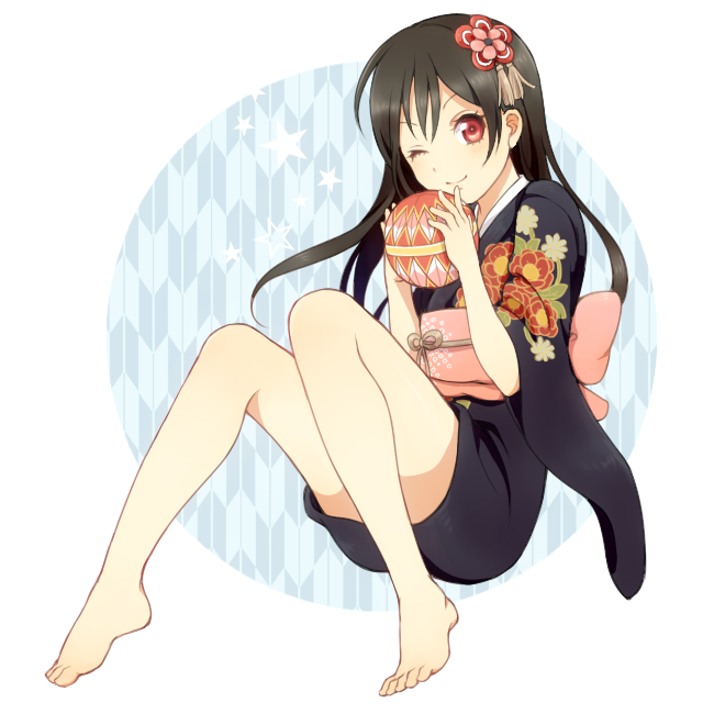 10s 1girl alternate_hairstyle bare_legs black_hair female_focus flower hair_flower hair_ornament japanese_clothes legs love_live! love_live!_school_idol_festival love_live!_school_idol_project one_eye_closed red_eyes sitting solo totoben traditional_clothes wink yazawa_nico