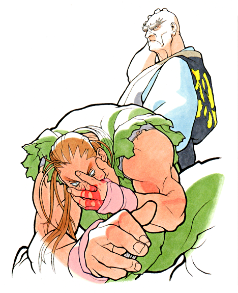 1990s_(style) 2boys bald bengus blood blue_eyes brown_hair capcom crmk defeat dougi eyebrows hibiki_dan injury karate karate_gi male_focus martial_arts monk multiple_boys muscular nosebleed official_art old old_man ponytail retro_artstyle retsu_(street_fighter) street_fighter street_fighter_1 street_fighter_i street_fighter_zero_(series) teacher thick_eyebrows torn_clothes torn_sleeves white_background