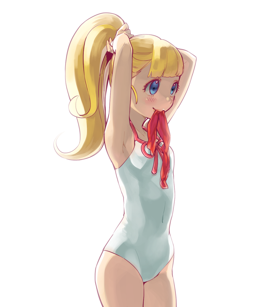 1girl arms_up asuka_(pixiv3381855) blonde_hair blue_eyes blunt_bangs bow bow_swimsuit breasts commentary_request cowboy_shot dragon_quest dragon_quest_builders_2 female_builder_(dqb2) mouth_hold official_alternate_costume official_alternate_hairstyle one-piece_swimsuit pink_bow pink_trim ponytail red_ribbon ribbon ribbon_in_mouth small_breasts smile solo swimsuit tying_hair white_background white_one-piece_swimsuit