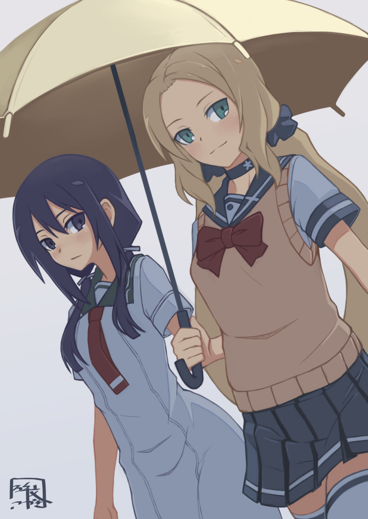 2girls bow brown_sweater_vest choker dress grey_background grey_skirt grey_thighhighs hibun_tsukasa holding holding_umbrella inubouzaki_fuu kusunoki_mebuki kusunoki_mebuki_wa_yuusha_de_aru long_hair looking_at_viewer multiple_girls pleated_skirt purple_hair red_bow sailor_collar short_sleeves signature skirt smile sweater_vest thighhighs twintails umbrella white_dress yuuki_yuuna_wa_yuusha_de_aru yuusha_de_aru