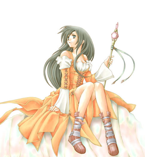 1girl arm_support bad_id black_eyes black_hair boots commentary_request detached_sleeves dress final_fantasy final_fantasy_ix full_body garnet_til_alexandros_xvii hand_up holding holding_staff knee_boots knees_together_feet_apart light_smile long_hair long_sleeves looking_up mage_staff orange_dress red_boots rendezvous sitting solo staff very_long_hair white_background