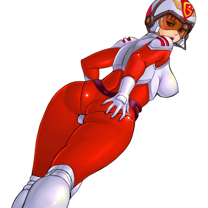 1girl armor ass belt boots cameltoe covering_ass covering_privates fat_mons female_focus getter_robo headset helmet latex lipstick makeup pauldrons pilot_suit purple_belt shin_getter_robo_vs_neo_getter_robo shiny_clothes shoulder_armor simple_background skin_tight solo standing surprised tachibana_shou thighs toei_animation visor white_background white_boots zen_and_retro